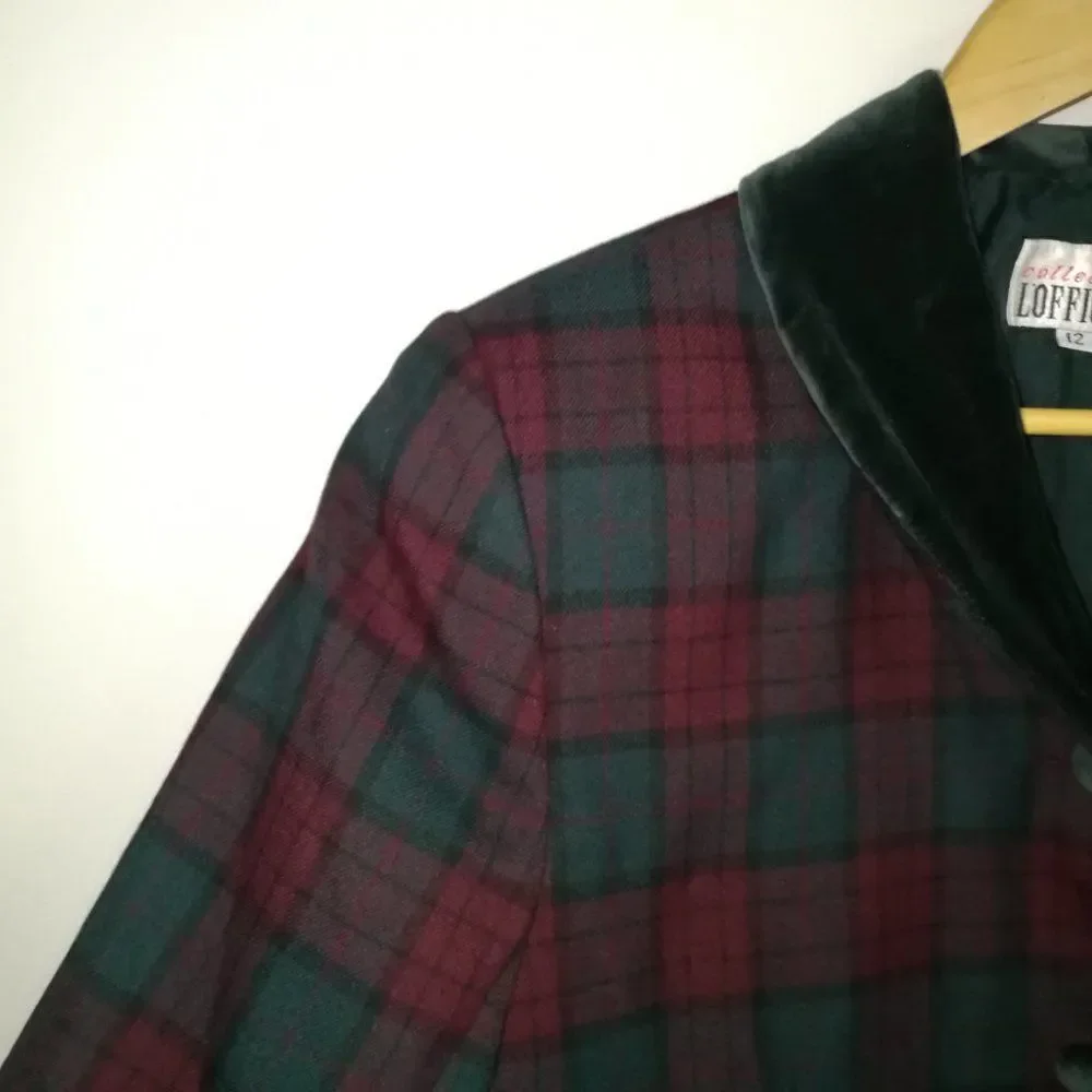 Vintage Holiday Plaid Tartan Red & Green Preppy Simple Breasted Velvet Blazer L - Picture 8 of 15